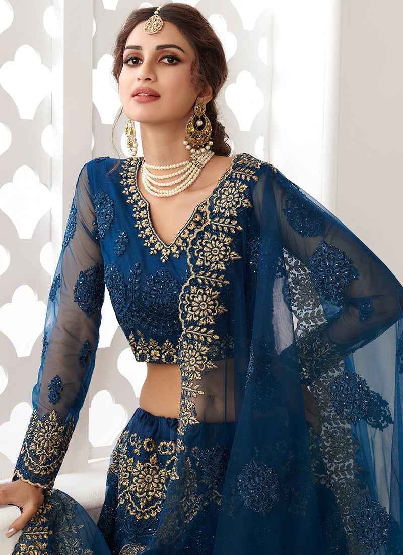 Indian Bridal Wear - Champagne Long Trailed Lehenga with 3D Embroidery – B  Anu Designs