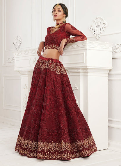 Maroon and Gold Embroidered Lehenga Choli (Long Top)