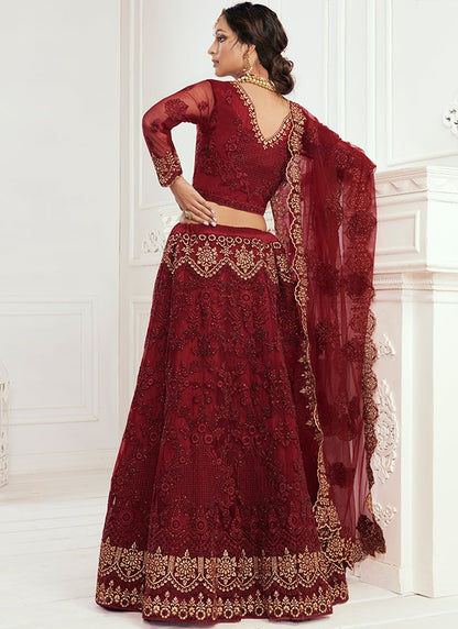 Maroon and Gold Embroidered Lehenga Choli (Long Top)