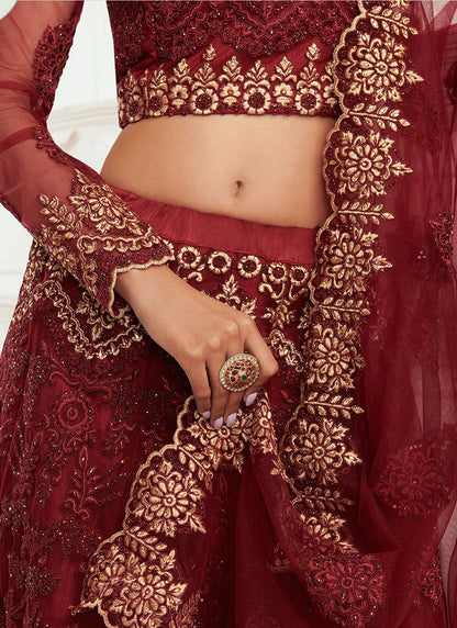 Maroon and Gold Embroidered Lehenga Choli (Long Top)