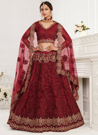 Maroon and Gold Embroidered Lehenga Choli (Long Top)