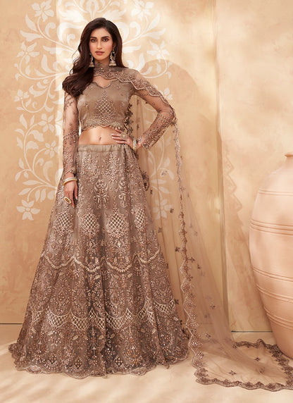 Brown and Gold Embroidered Lehenga Choli (Long Top)