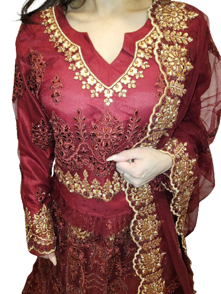 Maroon and Gold Embroidered Lehenga Choli (Long Top)