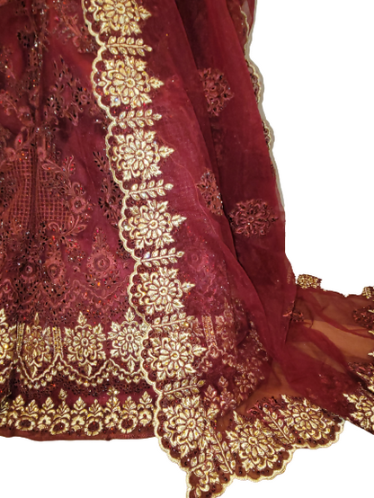 Maroon and Gold Embroidered Lehenga Choli (Long Top)