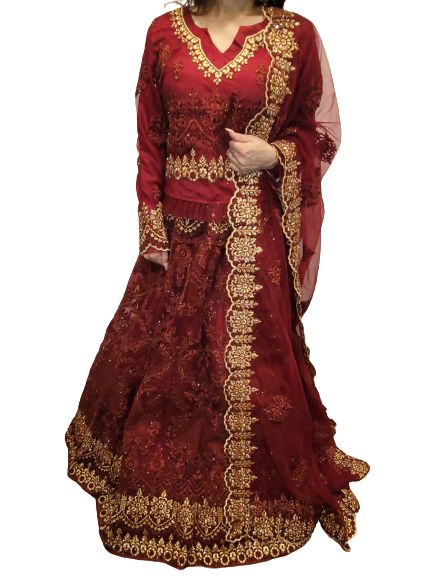 Maroon and Gold Embroidered Lehenga Choli (Long Top)