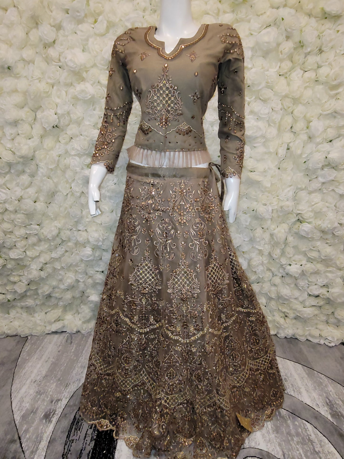 Brown and Gold Embroidered Lehenga Choli (Long Top)