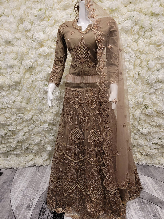 Brown and Gold Embroidered Lehenga Choli (Long Top)