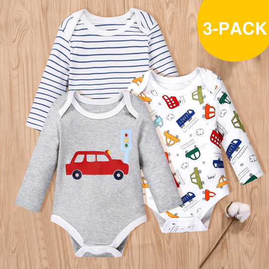 3-Pack Car or Stripe Print Long-sleeve Rompers