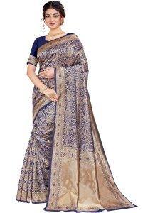 Navy Blue Silk Handwoven Saree - Solid Boutique Canada