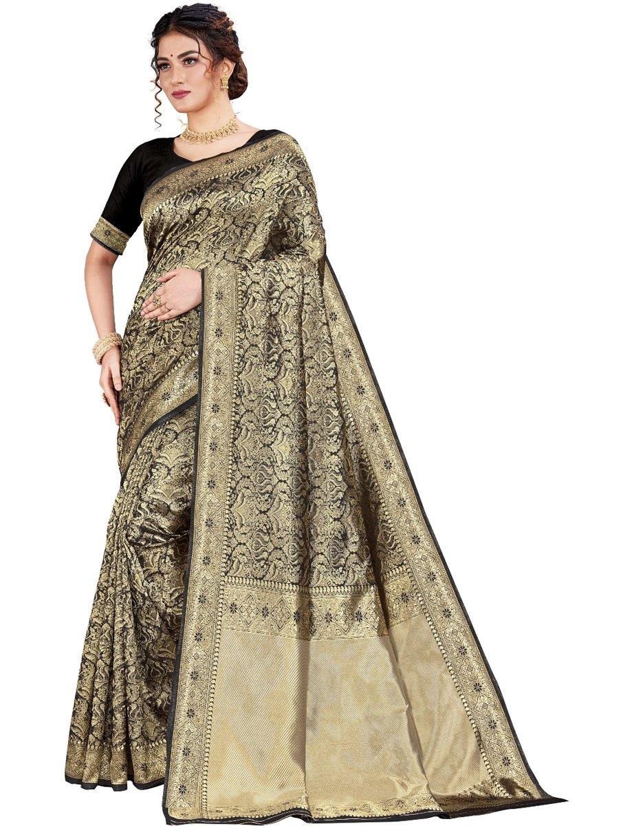 Black Silk Handwoven Saree - Solid Boutique Canada