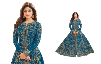 1 Aashirwad Creation Mulberry Silk Fully Embroidered Anarkali Suit Ocean Blue