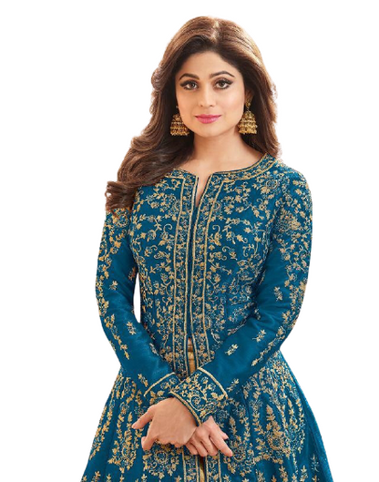 1 Aashirwad Creation Mulberry Silk Fully Embroidered Anarkali Suit Ocean Blue