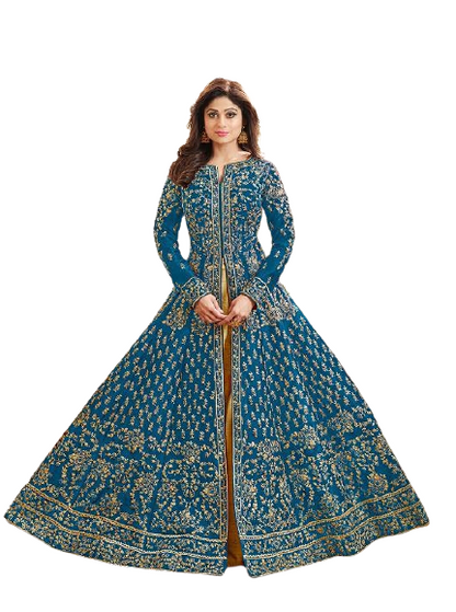 1 Aashirwad Creation Mulberry Silk Fully Embroidered Anarkali Suit Ocean Blue