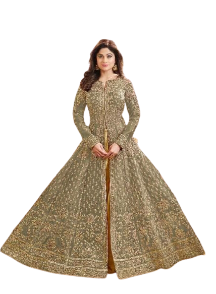 1 Aashirwad Creation Mulberry Silk Fully Embroidered Anarkali Suit Sage