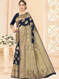 Navy Blue Banarasi Silk Handwoven Saree - Solid Boutique Canada