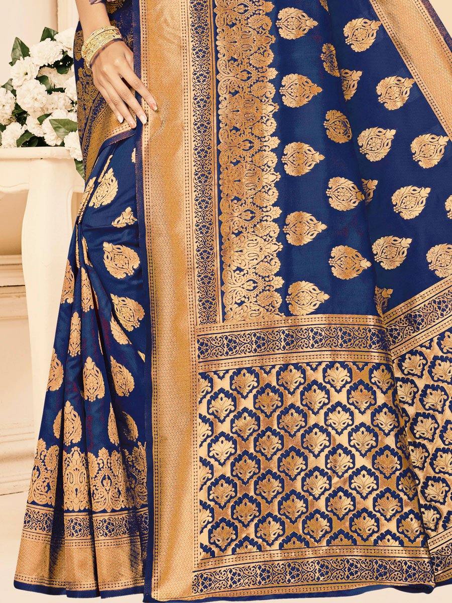 Navy Blue Banarasi Silk Handwoven Saree - Solid Boutique Canada