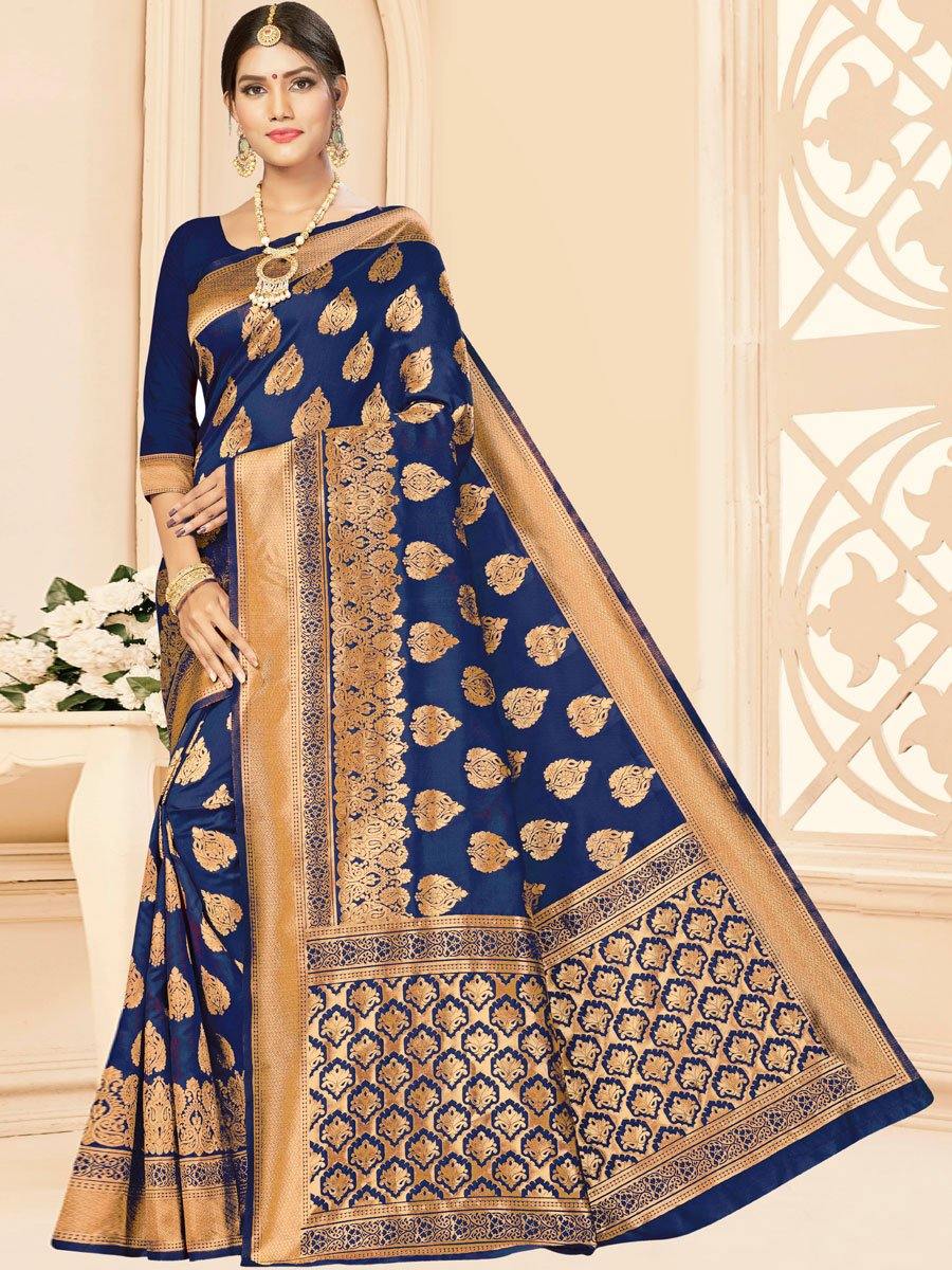 Navy Blue Banarasi Silk Handwoven Saree - Solid Boutique Canada