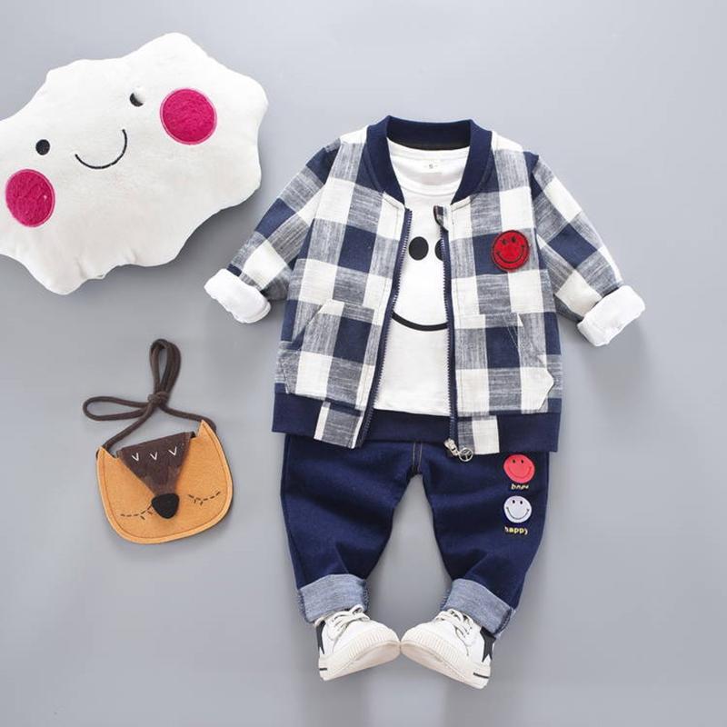 Baby and Toddler Boys 3-piece Smiling Face Tee Plaid Coat and Pants