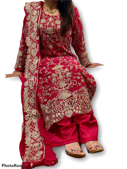 JK 4 Riwayat Georgette With Heavy Embroidery Work With Palazzo - PinkishRed