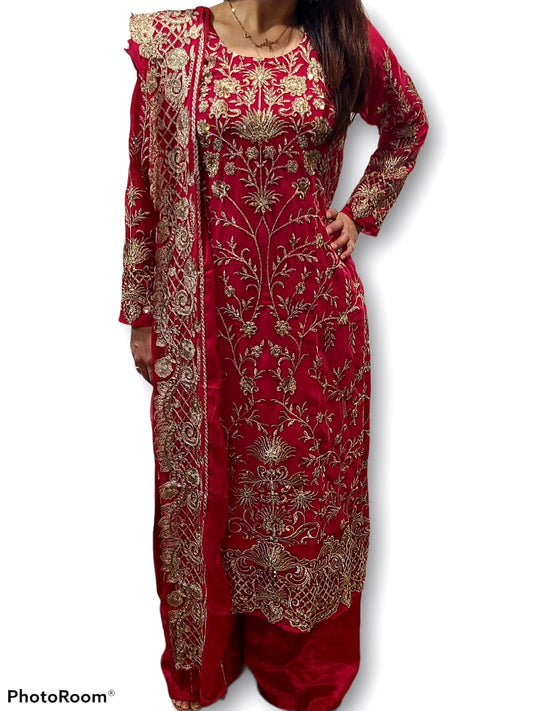 JK 4 Riwayat Georgette With Heavy Embroidery Work With Palazzo - PinkishRed