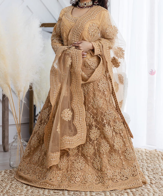 Golden Beige Embroidered Lehenga Choli ( Long Top)