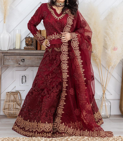 Maroon and Gold Embroidered Lehenga Choli (Long Top)