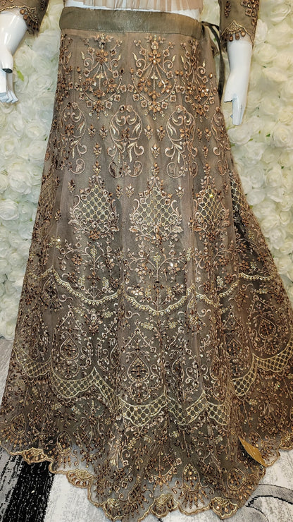 Brown and Gold Embroidered Lehenga Choli (Long Top)