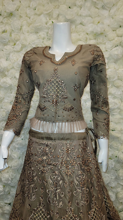 Brown and Gold Embroidered Lehenga Choli (Long Top)