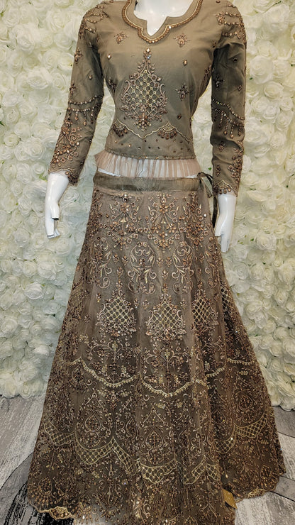 Brown and Gold Embroidered Lehenga Choli (Long Top)