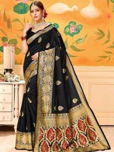 Black Lichi Cotton Handwoven Saree - Solid Boutique Canada