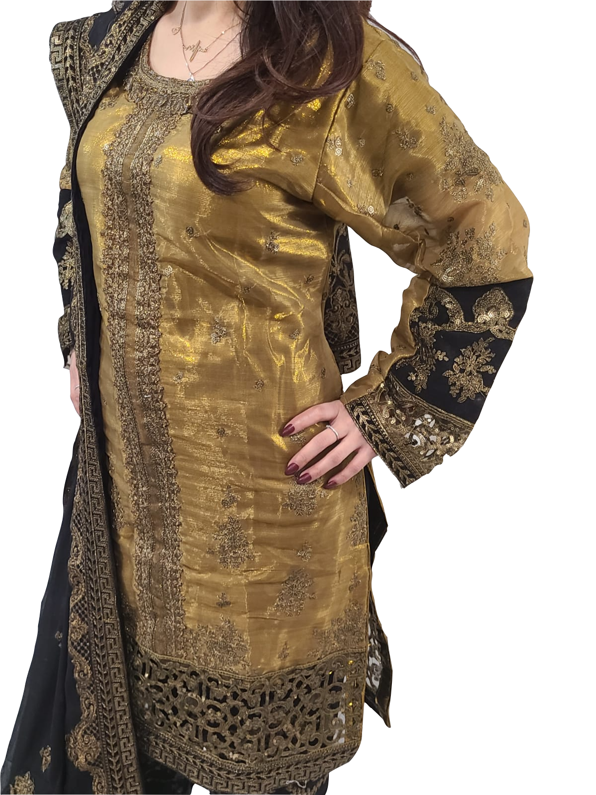 Maria Zari Net Embroidered Suit-Gold & Black - Solid Boutique Canada