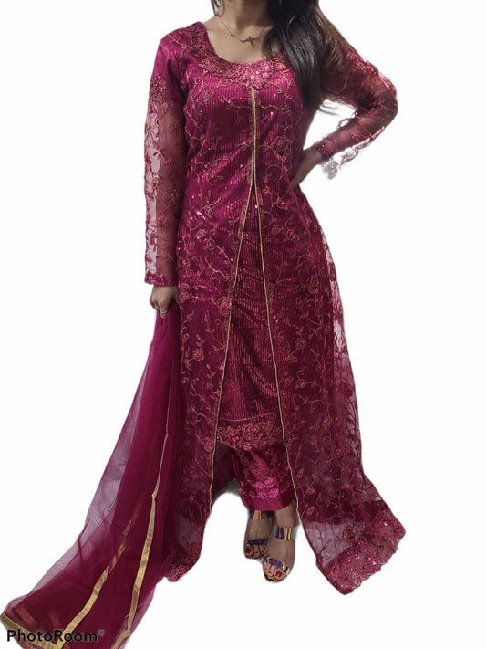 64 Vishnavi Net Salwar Suit With Koti - Magenta