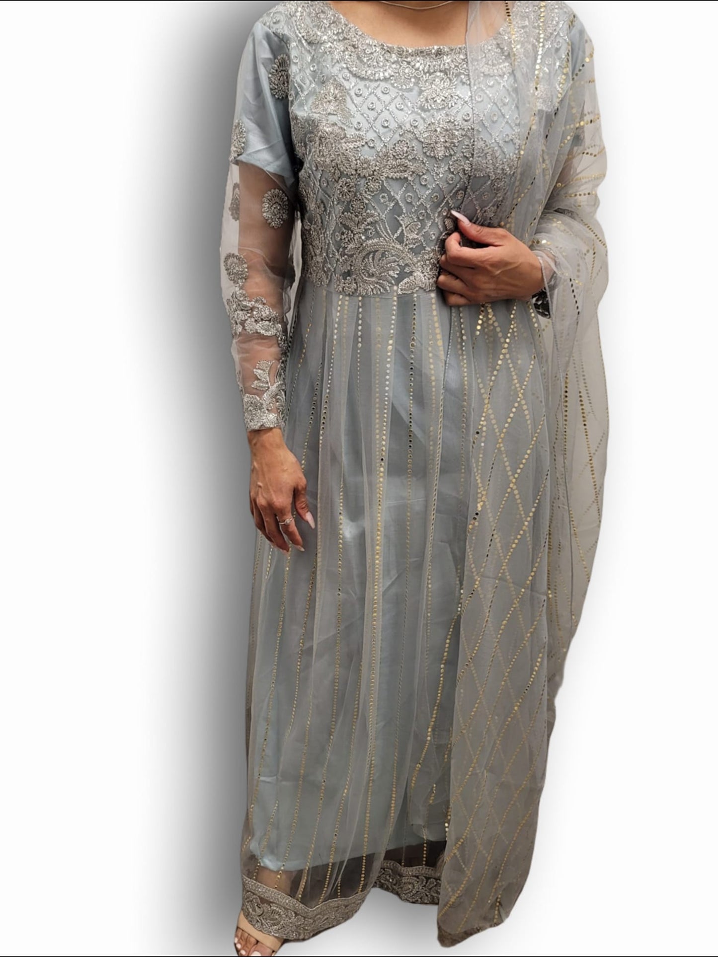 47 Light Blue Net Long Gown