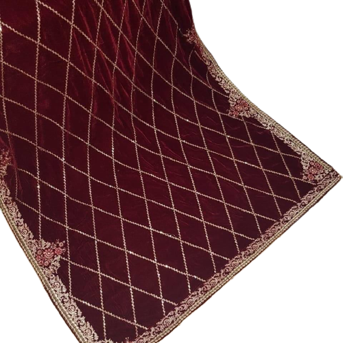 Embroidered Velvet Shawl Black, Maroon & Blue