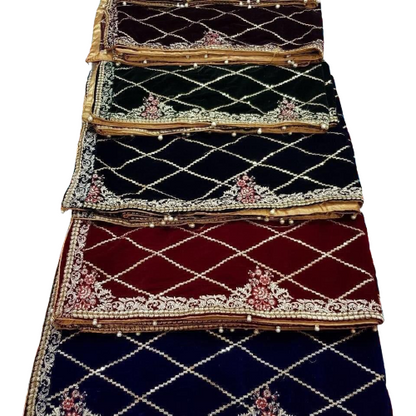 Embroidered Velvet Shawl Black, Maroon & Blue